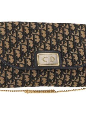 Christian Dior Trotter Canvas Chain Shoulder Bag Navy Gold Auth